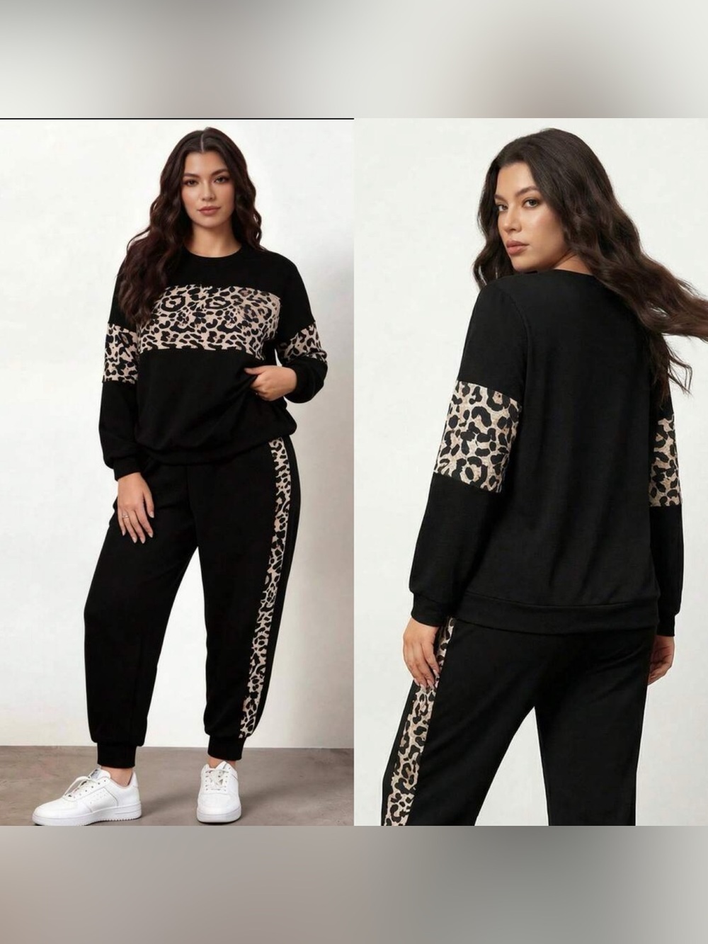 Emery Rose Black Leopard-Trim Plus-Size Jogger Set